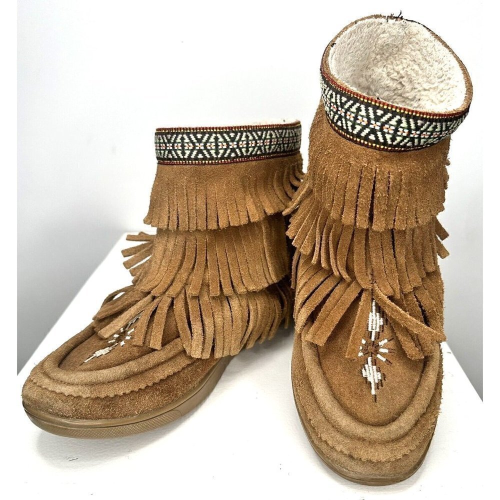 Grizzleez Suede Moccasins Women Size 6.5 Brown Kimber High Top Fringe Geometric